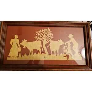 Vintage Scherenschnitte Papercut Folk Art Framed Farm Scene